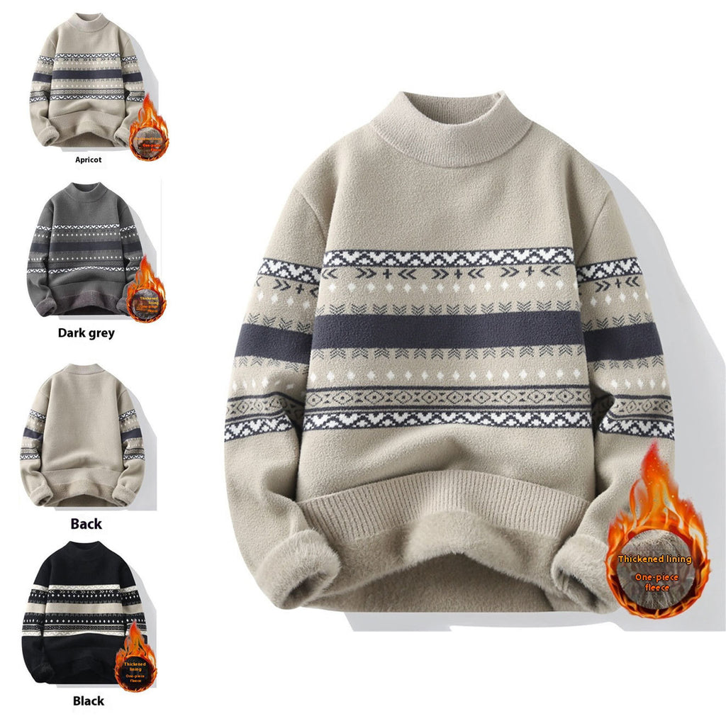 Men’s Velvet Mock Neck Sweater – Thick Knitted Pullover, Warm Autumn & Winter Casual Top