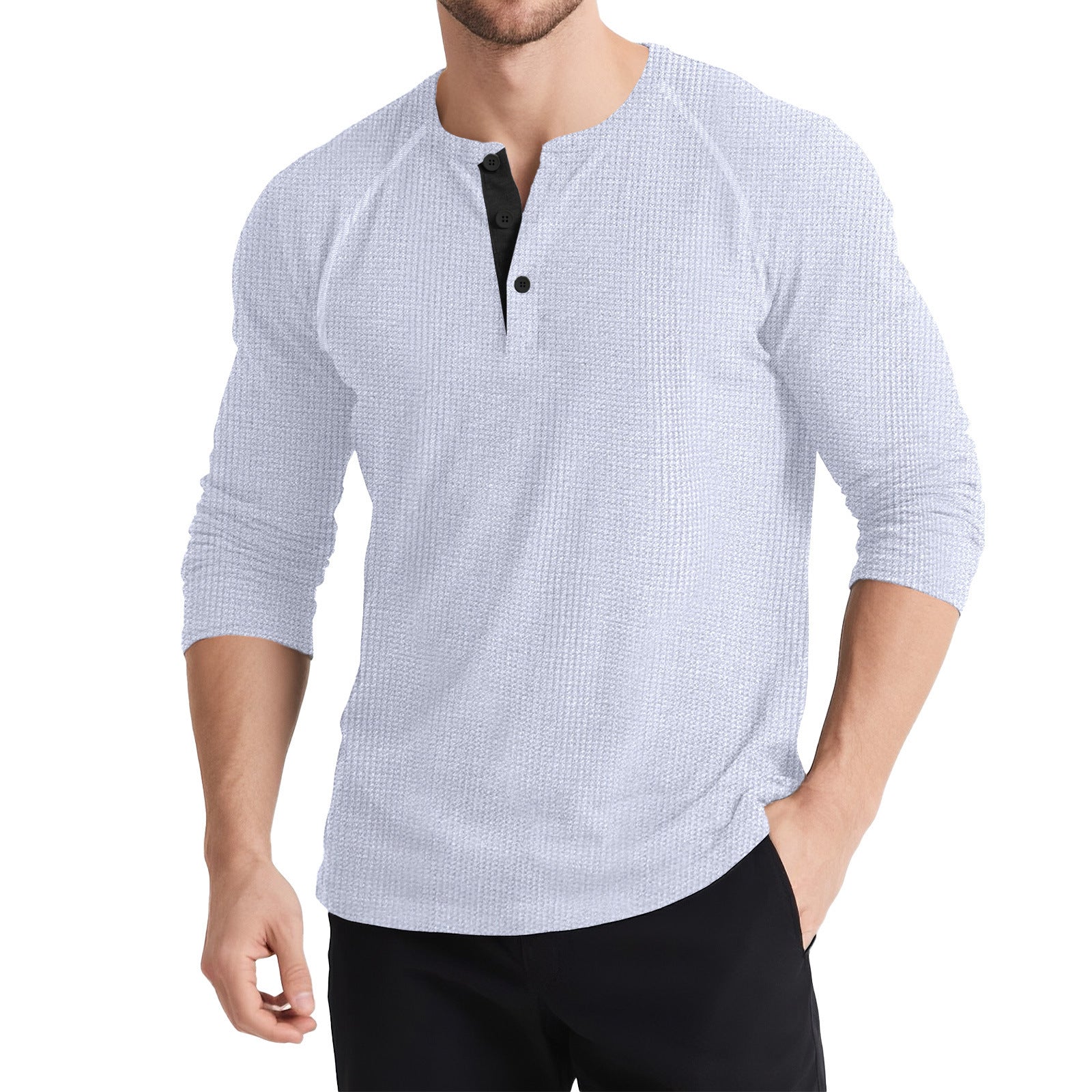 Men’s Retro Three-Button Color Block Sweater – Casual Cotton Blend Long Sleeve T-Shirt
