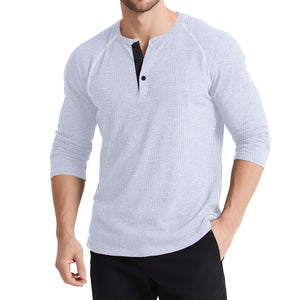 Men’s Retro Three-Button Color Block Sweater – Casual Cotton Blend Long Sleeve T-Shirt
