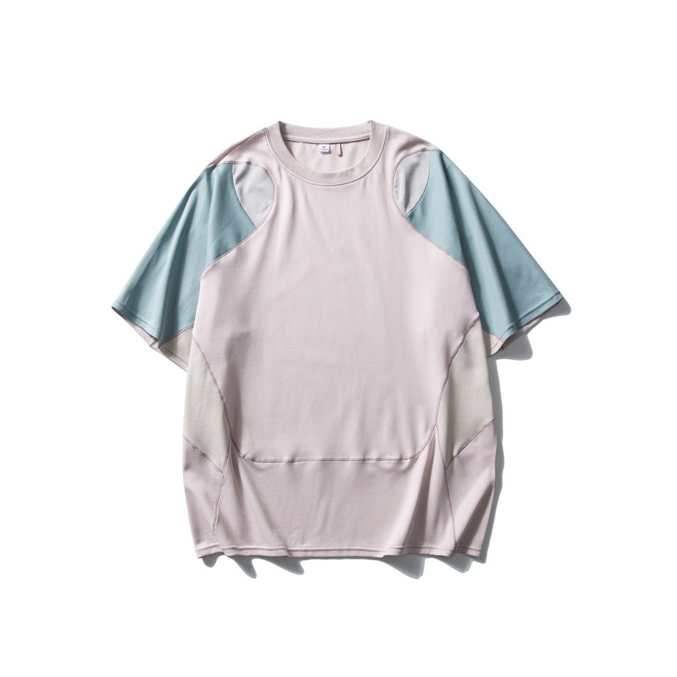 Men's Patchwork Contrast Color Sports T-shirt | Loose Fit Cotton Blend Summer Top