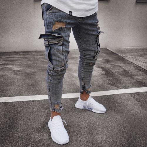 Men’s Cargo Hole Denim Jeans – Slim Pencil Fit, Whitewashed Casual Cotton Denim Pants