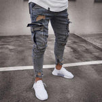 Men’s Cargo Hole Denim Jeans – Slim Pencil Fit, Whitewashed Casual Cotton Denim Pants
