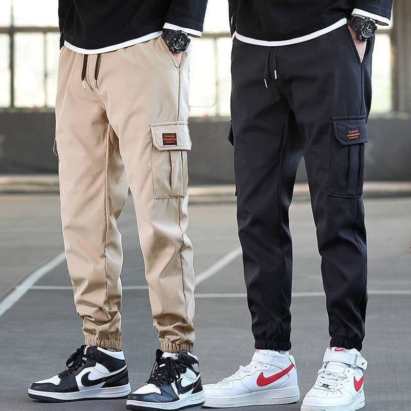 Men's Loose Multi-pocket Work Pants – Solid Color Wear-resistant Ankle Banded Trousers