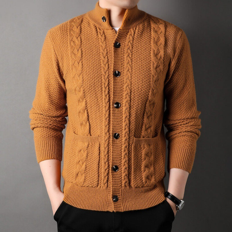 Men's Jacquard Cardigan Sweater – Single-Breasted Slim-Fit Pullover with Pockets for Youth