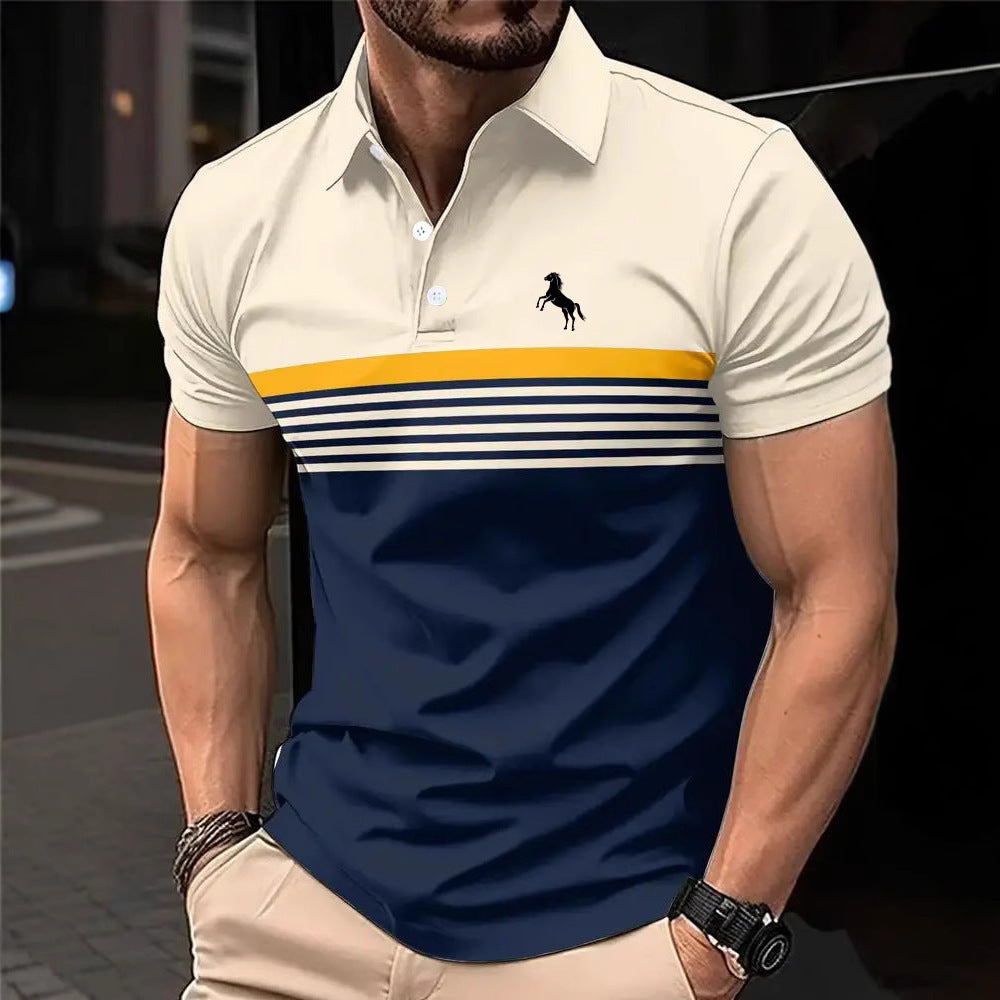 Men’s Casual Striped Golf Shirt – Color Block Short Sleeve Sports Polo for Summer Comfort
