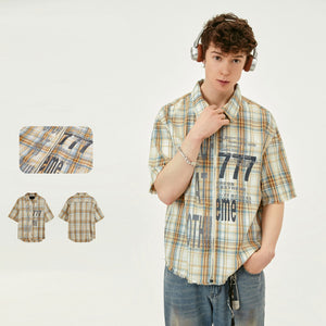 Men’s Printed Washed Plaid Shirt – Retro Short Sleeve Tassel Cardigan Top for Casual Summer Style