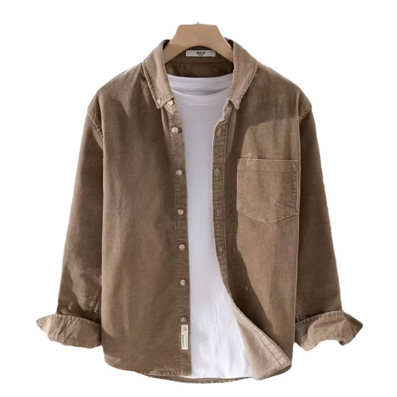 Men’s Loose American Retro Corduroy Shirt – Long Sleeve Polyester Casual Top for Everyday Wear