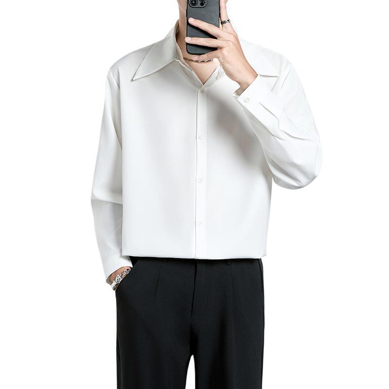 Korean Style Men’s Loose Trendy Shirt – High-End Draping Non-Ironing Polyester Top for Teenagers