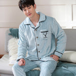 Men’s Coral Fleece Cardigan Pajamas – Long Sleeve Homewear Set, Warm and Comfortable for Winter and All Seasons