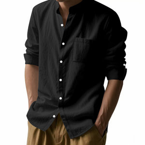 Men’s Long Sleeve Stand Collar Linen Shirt with Pockets – Casual Lightweight Button Down Top for Everyday Wear