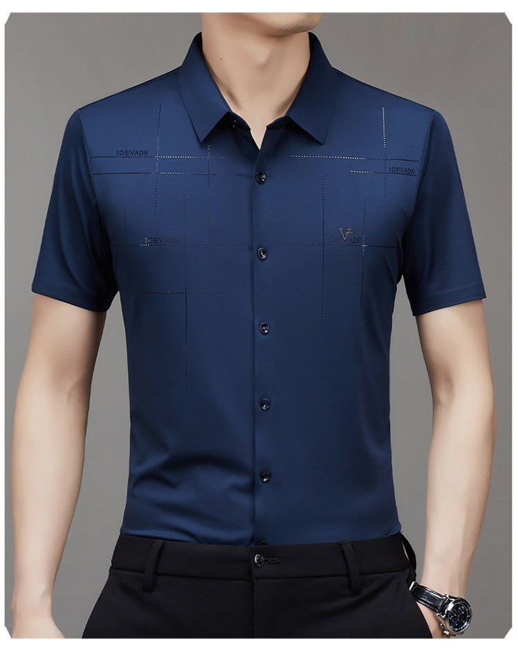 Men’s Seamless Short Sleeve Business Shirt – Lightweight Striped Summer Office Top for Smart Casual Style