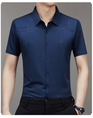 Men’s Seamless Short Sleeve Business Shirt – Lightweight Striped Summer Office Top for Smart Casual Style
