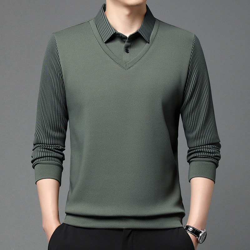 Men’s Business Casual Fake Two-Piece Striped Sleeve T-Shirt – Comfortable Polyester Blend for Daily Leisure