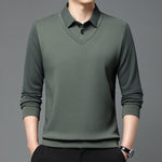 Men’s Business Casual Fake Two-Piece Striped Sleeve T-Shirt – Comfortable Polyester Blend for Daily Leisure