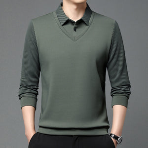 Men’s Business Casual Fake Two-Piece Striped Sleeve T-Shirt – Comfortable Polyester Blend for Daily Leisure