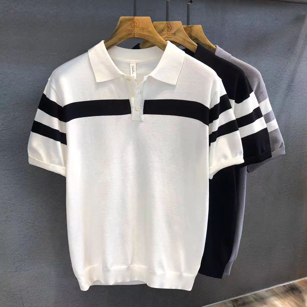 Men’s Polo Shirt Lapel Short-Sleeved Sweater – Lightweight Loose Fit Color Block Top