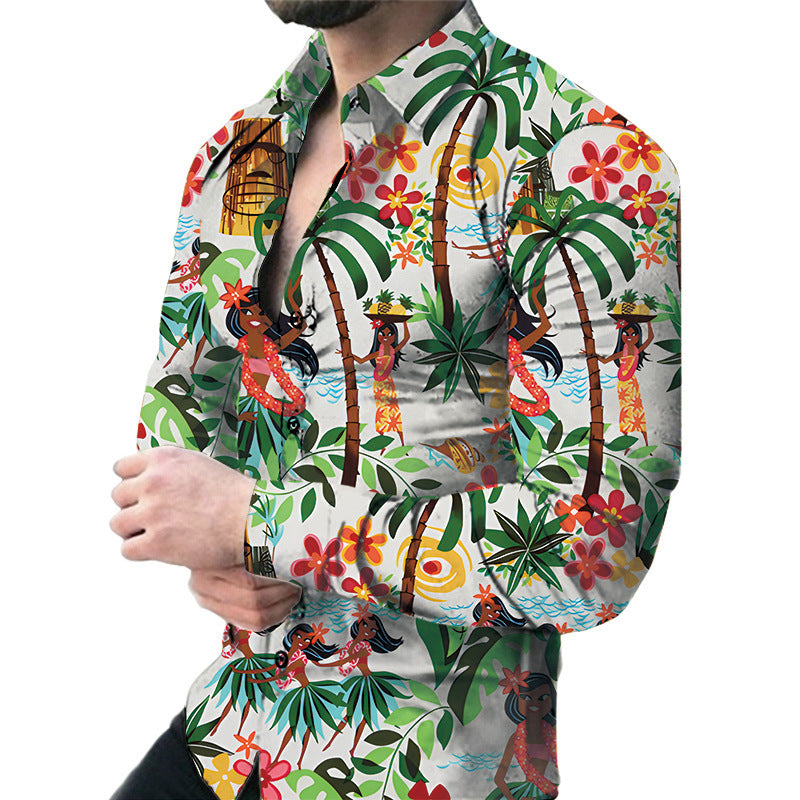 Men’s Casual Long Sleeve Floral Shirt – Lightweight Printed Cardigan Style Lapel Top for Daily Wear