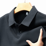 Men’s Business Casual Fake Two-Piece Striped Sleeve T-Shirt – Comfortable Polyester Blend for Daily Leisure