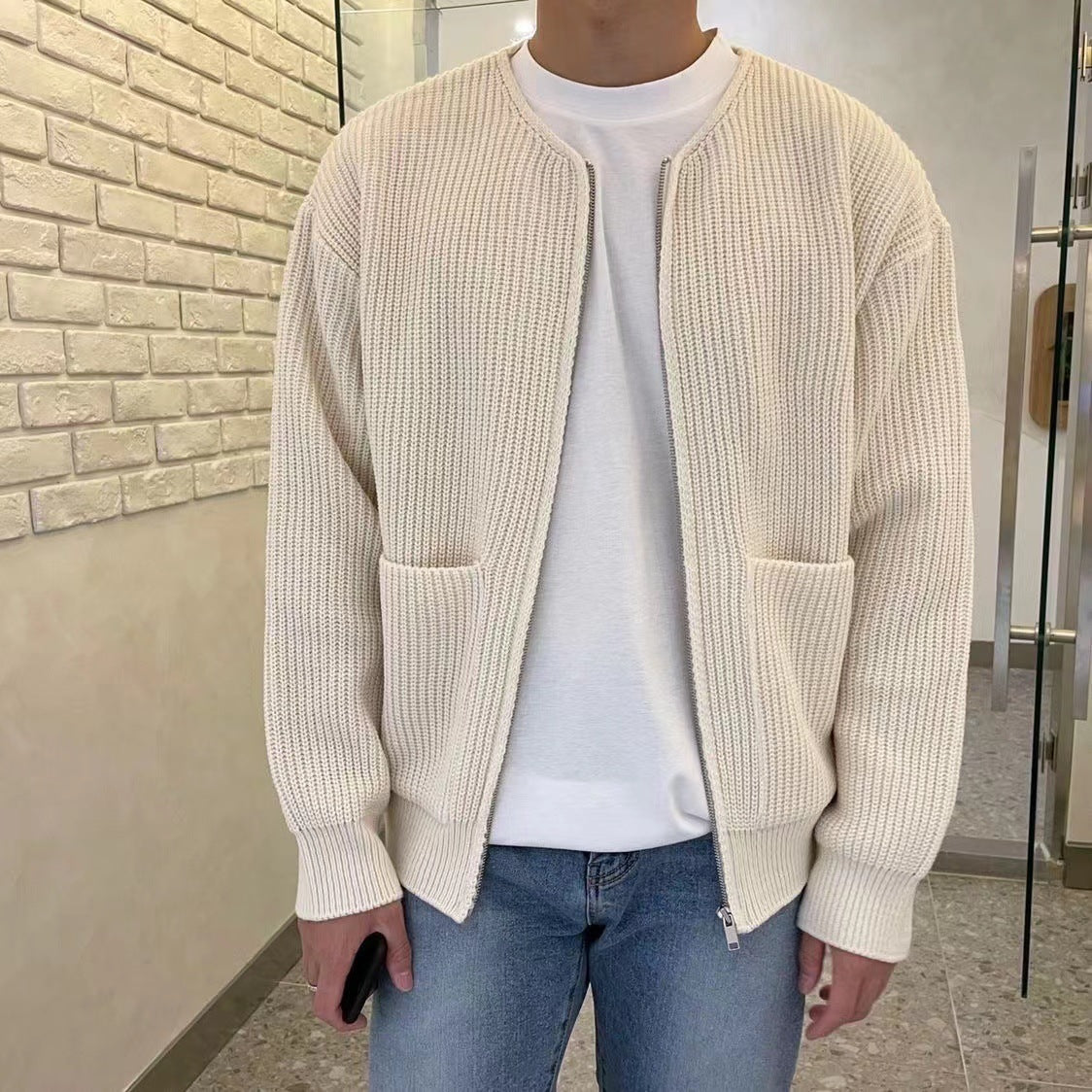 Men's Zip-Up Knitted Cardigan – Funnel Neck Sweater with Pockets, Soft, Comfortable, All-Season Long Sleeve Coat