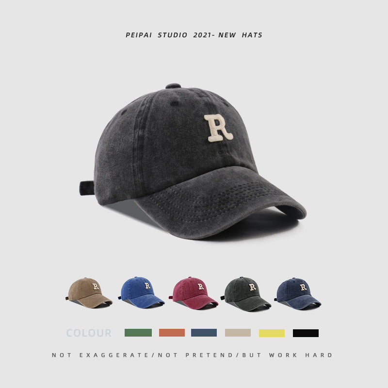 Washed Letter R Baseball Cap – Casual Cotton Patch Sun Hat for Men & Women | Breathable Adjustable Dome Cap