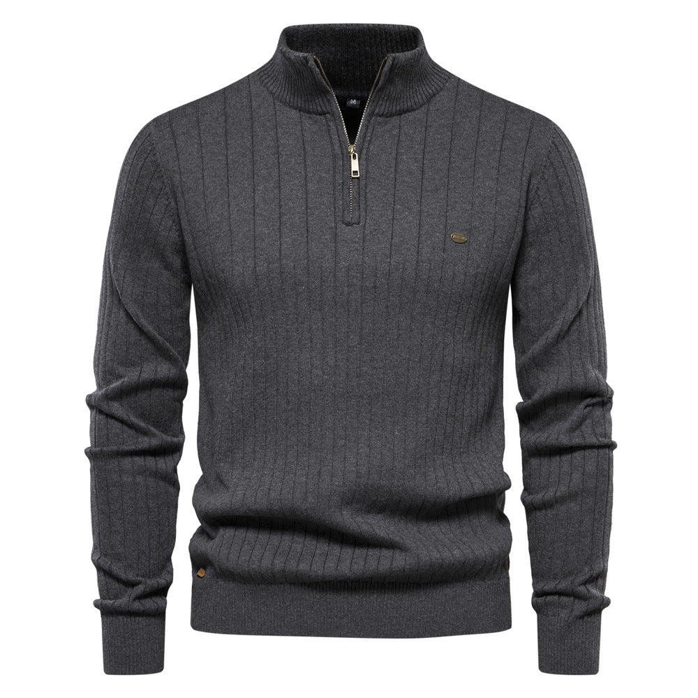 Men’s Stand Collar Half-Zip Sweater – Slim Fit Cotton Blend Pullover, Stylish Autumn Casual Top