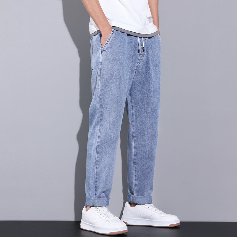 Men’s Summer Loose Wide Leg Jeans – Fashion Drawstring Elastic Straight Denim Trousers