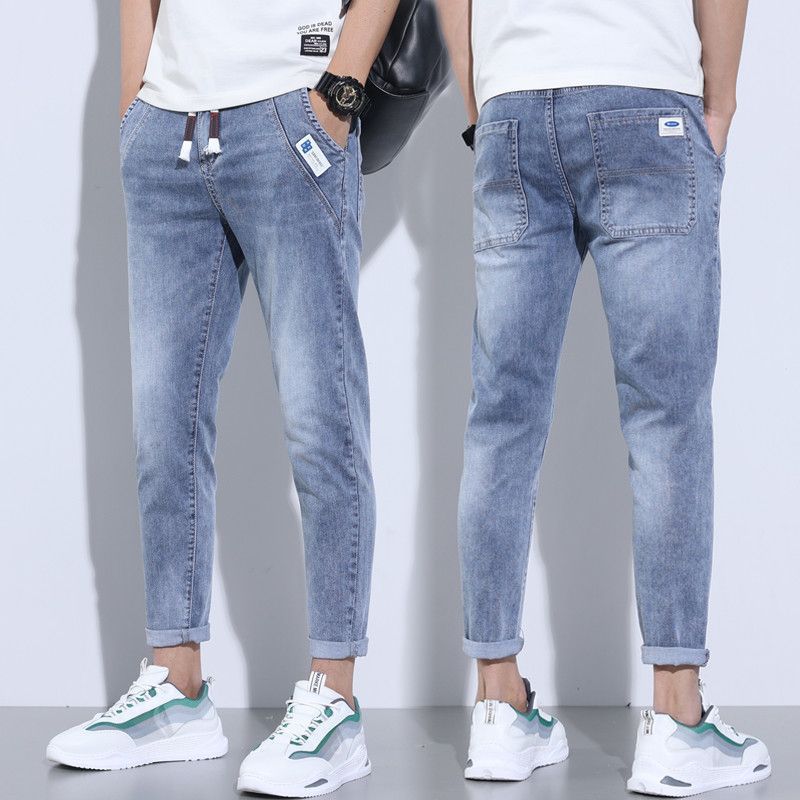 Denim Stretch Casual Men's Cropped Trousers Thin Lightweight Polyester Mid Waist Elastic Pants