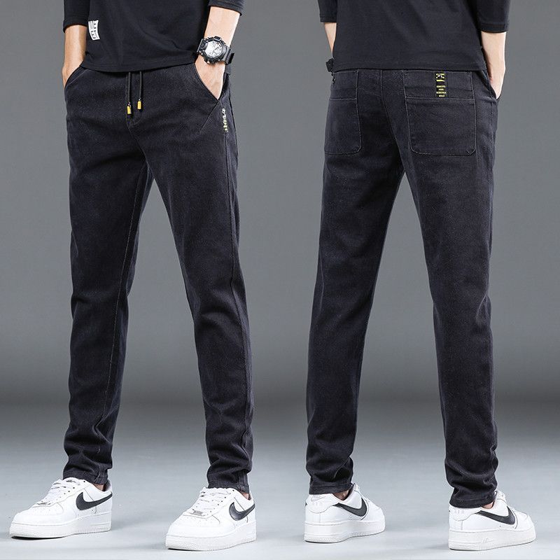 Denim Stretch Casual Men's Cropped Trousers Thin Lightweight Polyester Mid Waist Elastic Pants