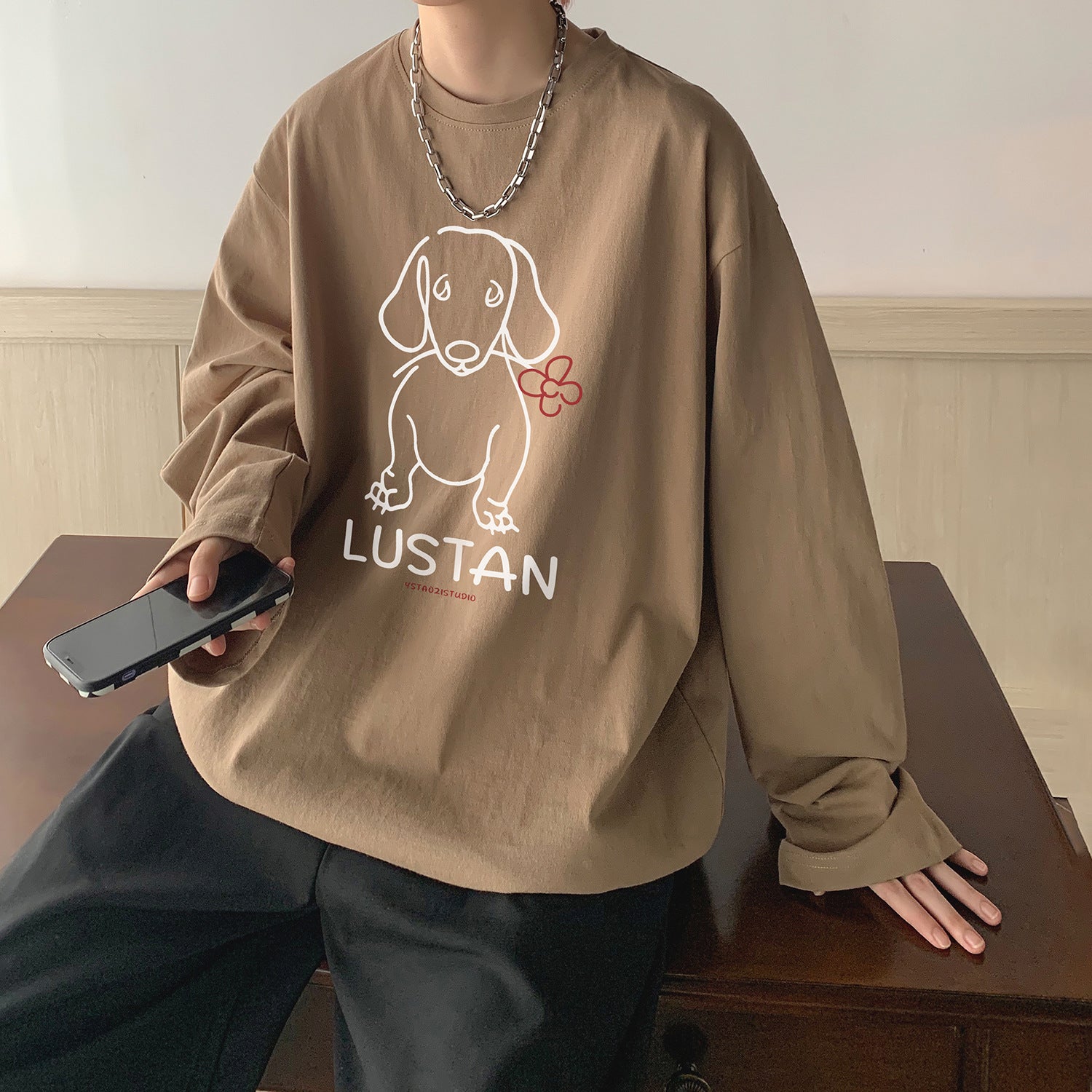 Cartoon Puppy Printed Long Sleeve T-shirt - Casual Loose Pullover for Autumn | Available in Multiple Colors