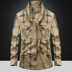Men’s Plus Size Loose Cargo Cotton Shirt – Long Sleeve Casual Top in Khaki, Blue & Green