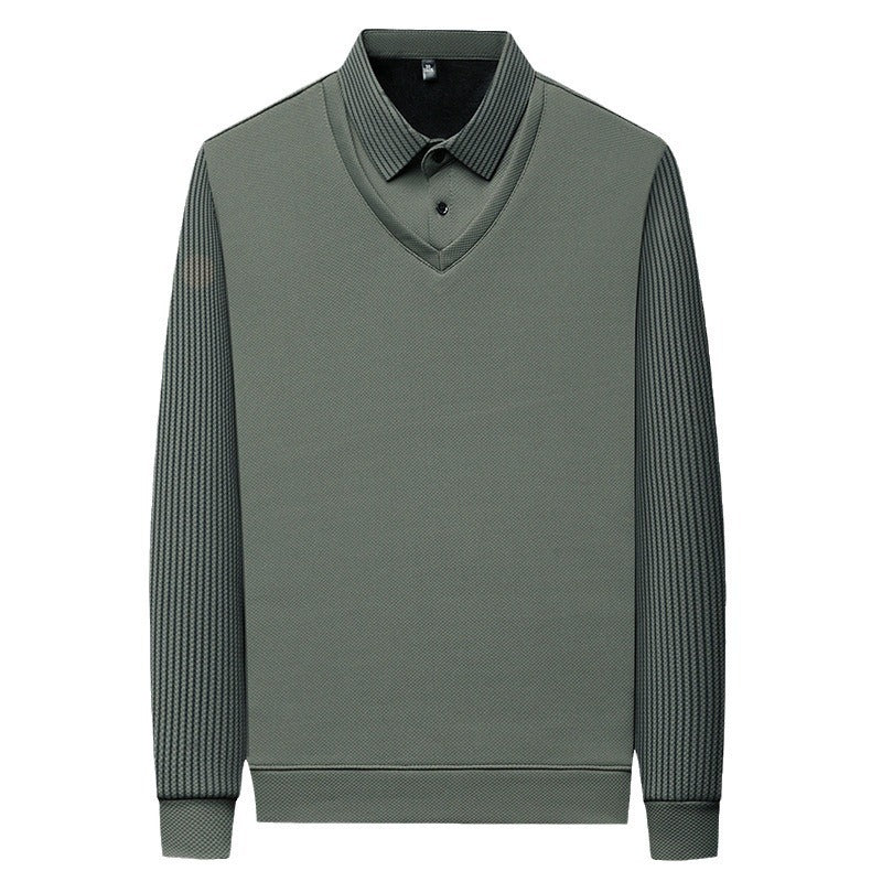 Men’s Business Casual Fake Two-Piece Striped Sleeve T-Shirt – Comfortable Polyester Blend for Daily Leisure