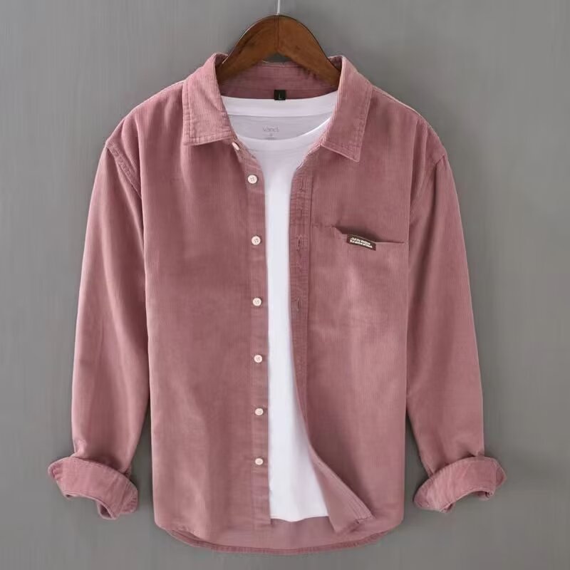 Men’s Loose American Retro Corduroy Shirt – Long Sleeve Polyester Casual Top for Everyday Wear