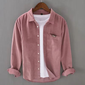 Men’s Loose American Retro Corduroy Shirt – Long Sleeve Polyester Casual Top for Everyday Wear