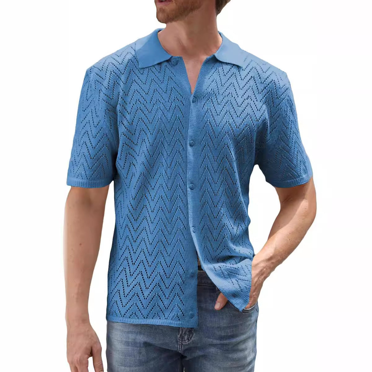 Men’s Summer Hollow Leisure Shirt – Lightweight Short Sleeve Non-Iron Casual Top in Multiple Colors