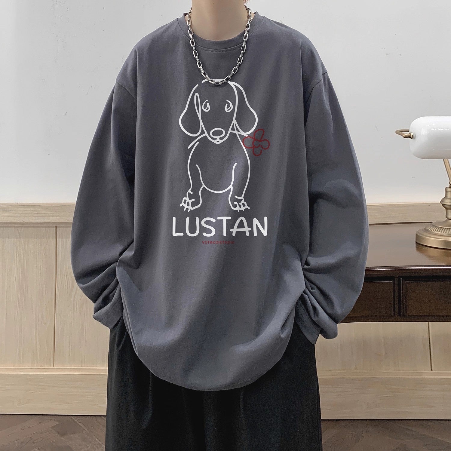Cartoon Puppy Printed Long Sleeve T-shirt - Casual Loose Pullover for Autumn | Available in Multiple Colors