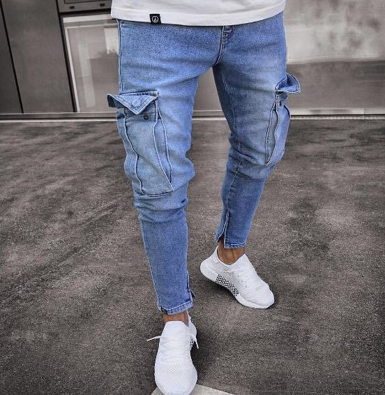 Men’s Cargo Hole Denim Jeans – Slim Pencil Fit, Whitewashed Casual Cotton Denim Pants