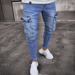 Men’s Cargo Hole Denim Jeans – Slim Pencil Fit, Whitewashed Casual Cotton Denim Pants