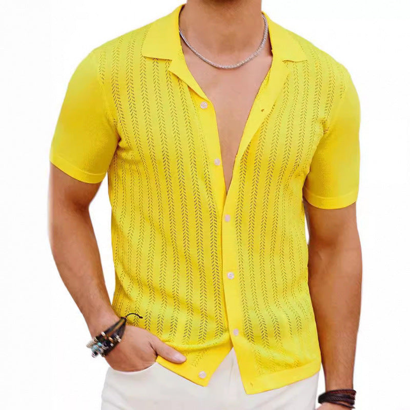 Summer Cool Hollow Men’s Shirt | Lightweight Breathable Short Sleeve Cardigan Top