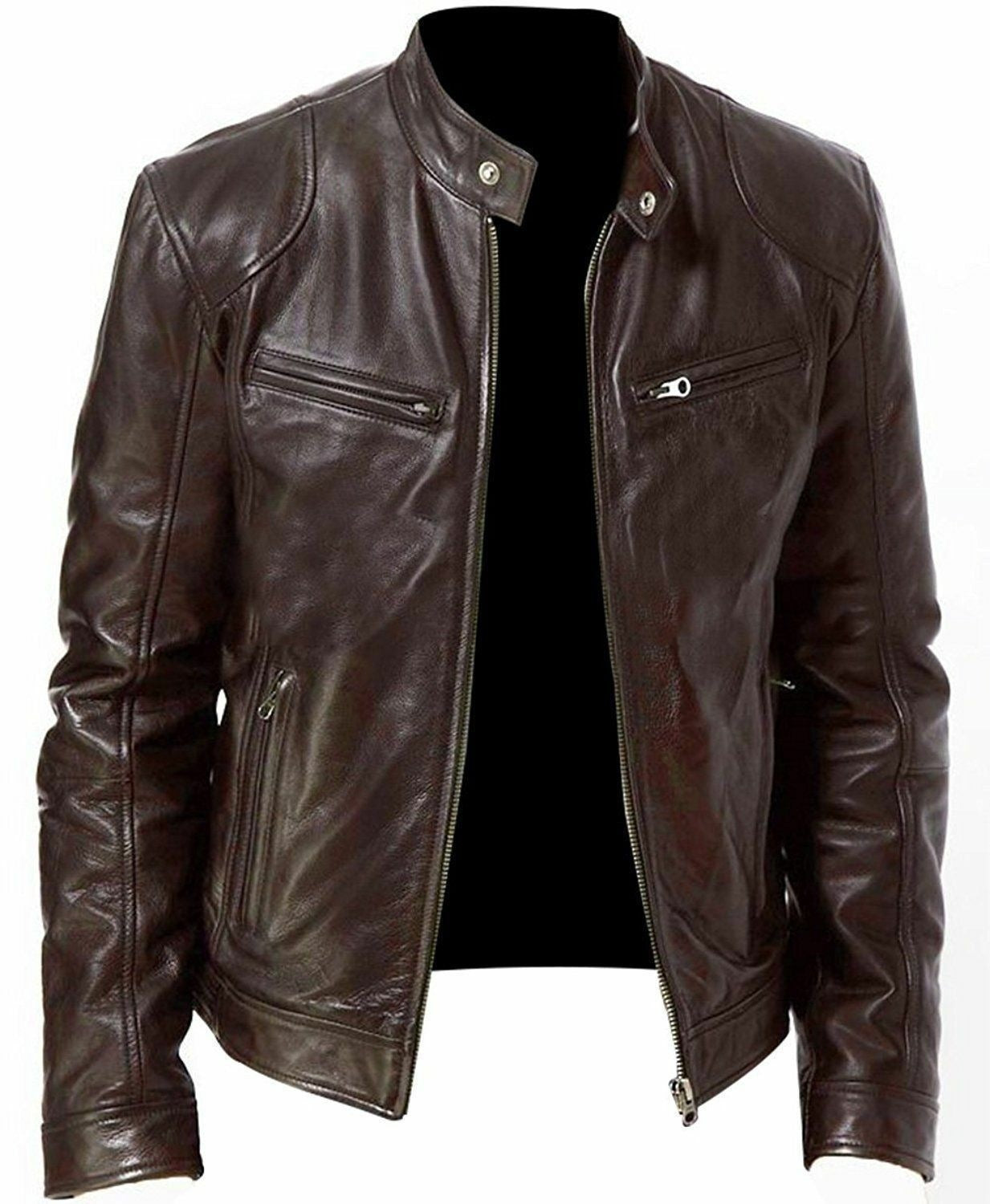Men’s PU Leather Jacket – Slim-Fit Zipper Jacket in Khaki, Brown, and Black for Business and Casual Wear