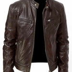 Men’s PU Leather Jacket – Slim-Fit Zipper Jacket in Khaki, Brown, and Black for Business and Casual Wear