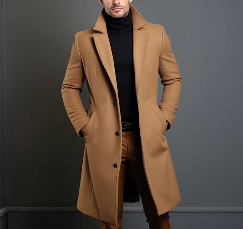 Men's Mid-Length Trench Coat | Slim Fit Fall Winter Business Casual Overcoat | Stylish Single-Breasted Jacket