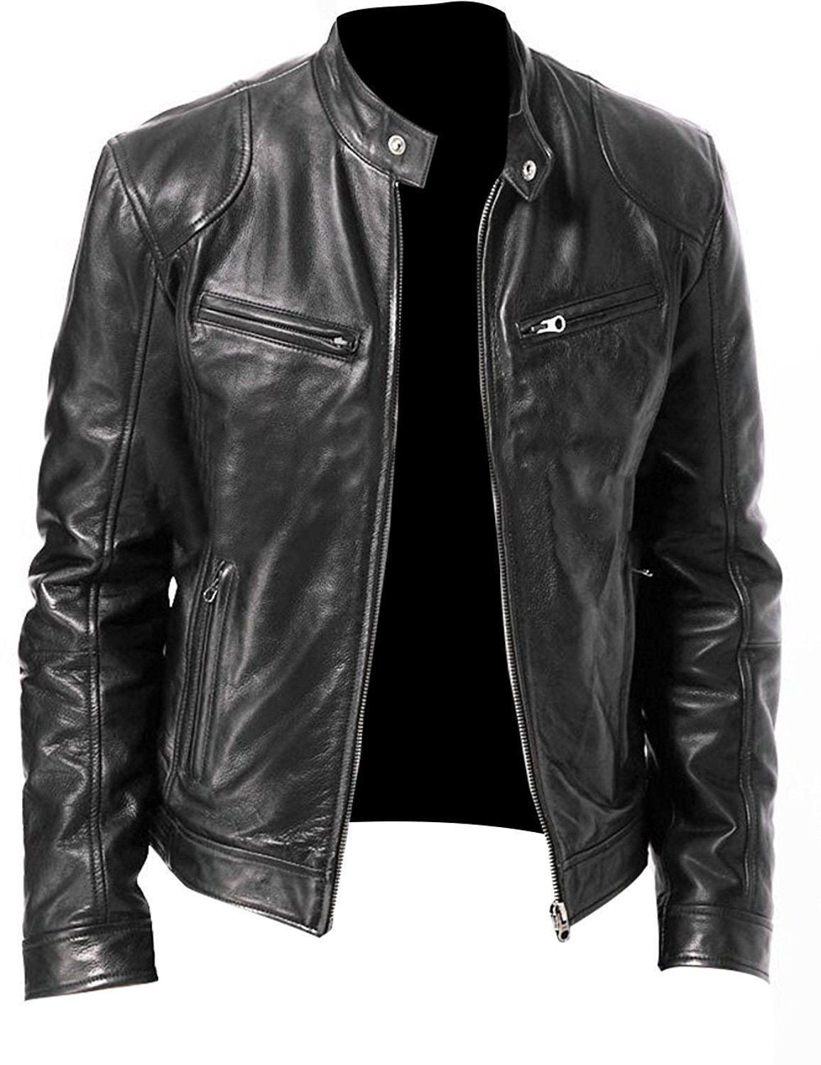 Men’s PU Leather Jacket – Slim-Fit Zipper Jacket in Khaki, Brown, and Black for Business and Casual Wear