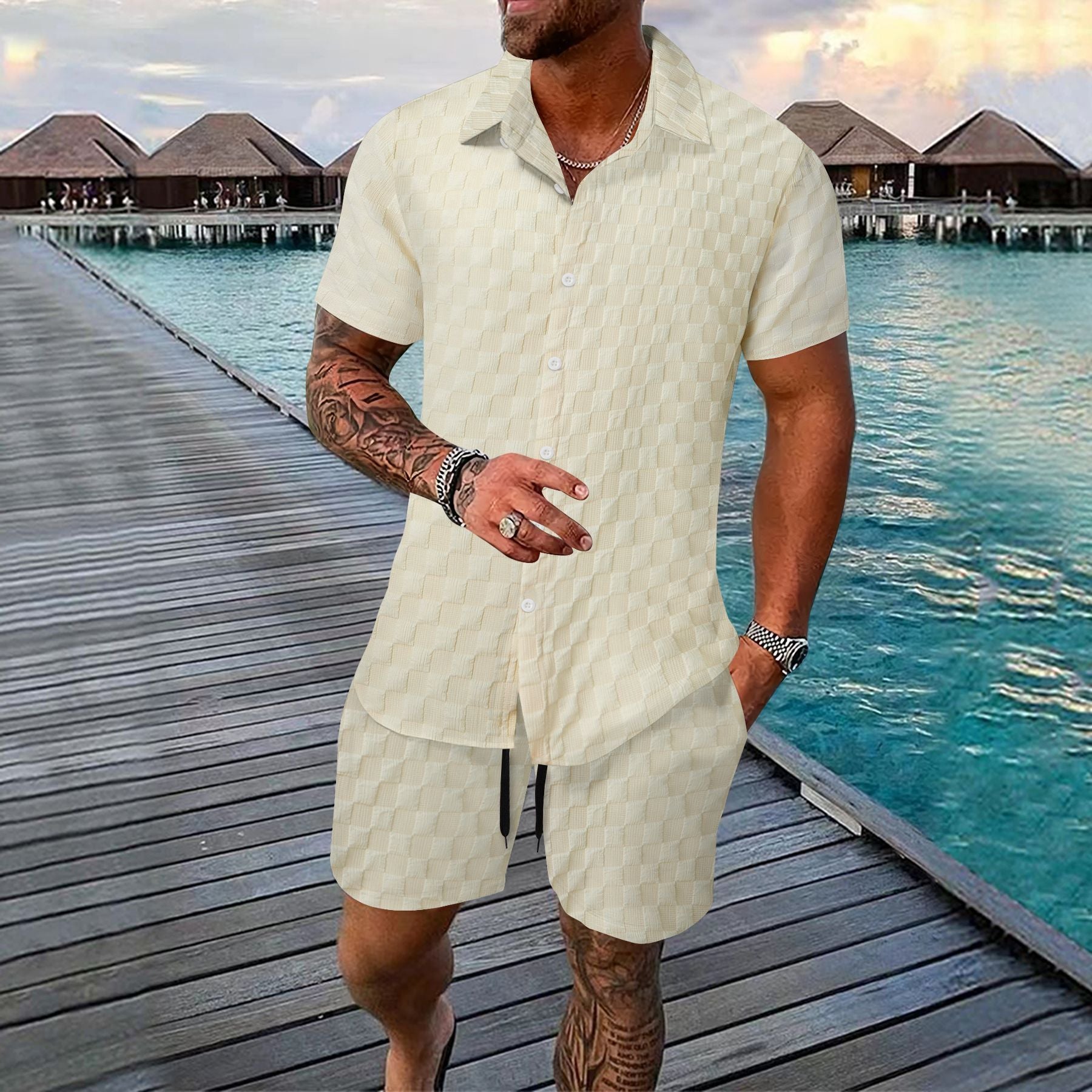 Men’s Casual Chemical Fiber Shirt Suit – Short Sleeve Shirt & Shorts Set | Lightweight Daily Summer Outfit