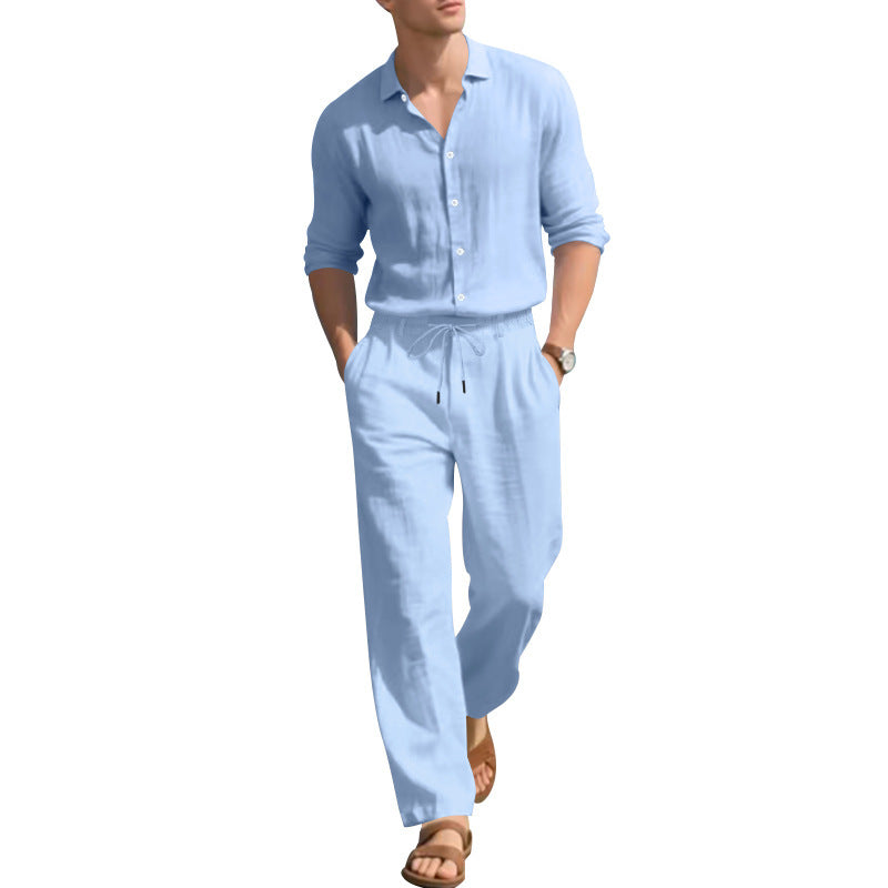 Loose Casual Long Sleeves Shirt and Trousers Two-Piece Set for Men – Lightweight Linen Outfit