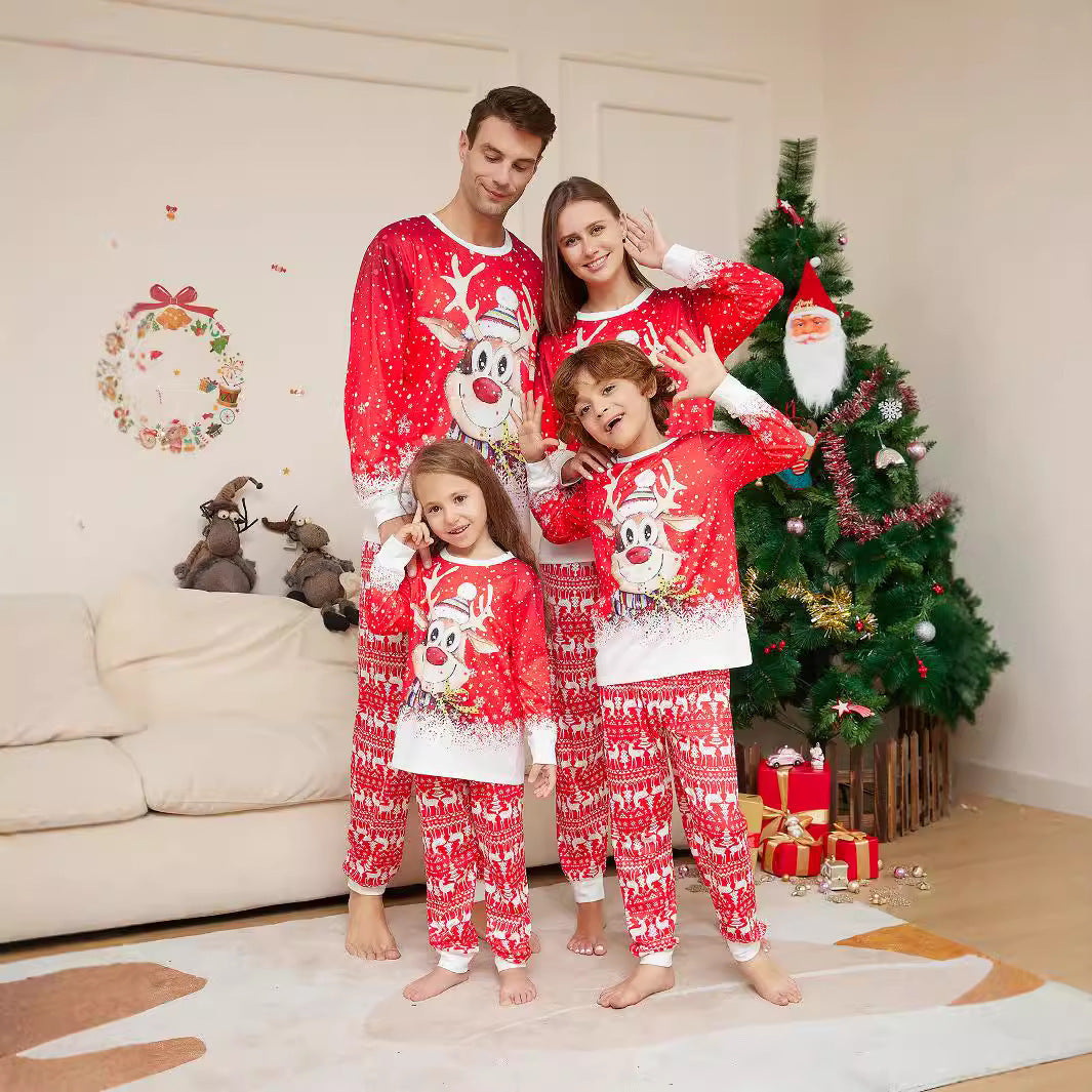 Cartoon Deer Snowflake Family Dress – Cute Random Print Pajamas | European & American Style Parent-Child Outfit