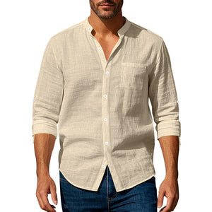 Men’s Long Sleeve Stand Collar Linen Shirt with Pockets – Casual Lightweight Button Down Top for Everyday Wear