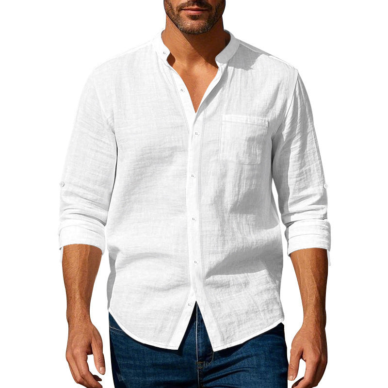 Men’s Long Sleeve Stand Collar Linen Shirt with Pockets – Casual Lightweight Button Down Top for Everyday Wear