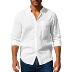 Men’s Long Sleeve Stand Collar Linen Shirt with Pockets – Casual Lightweight Button Down Top for Everyday Wear