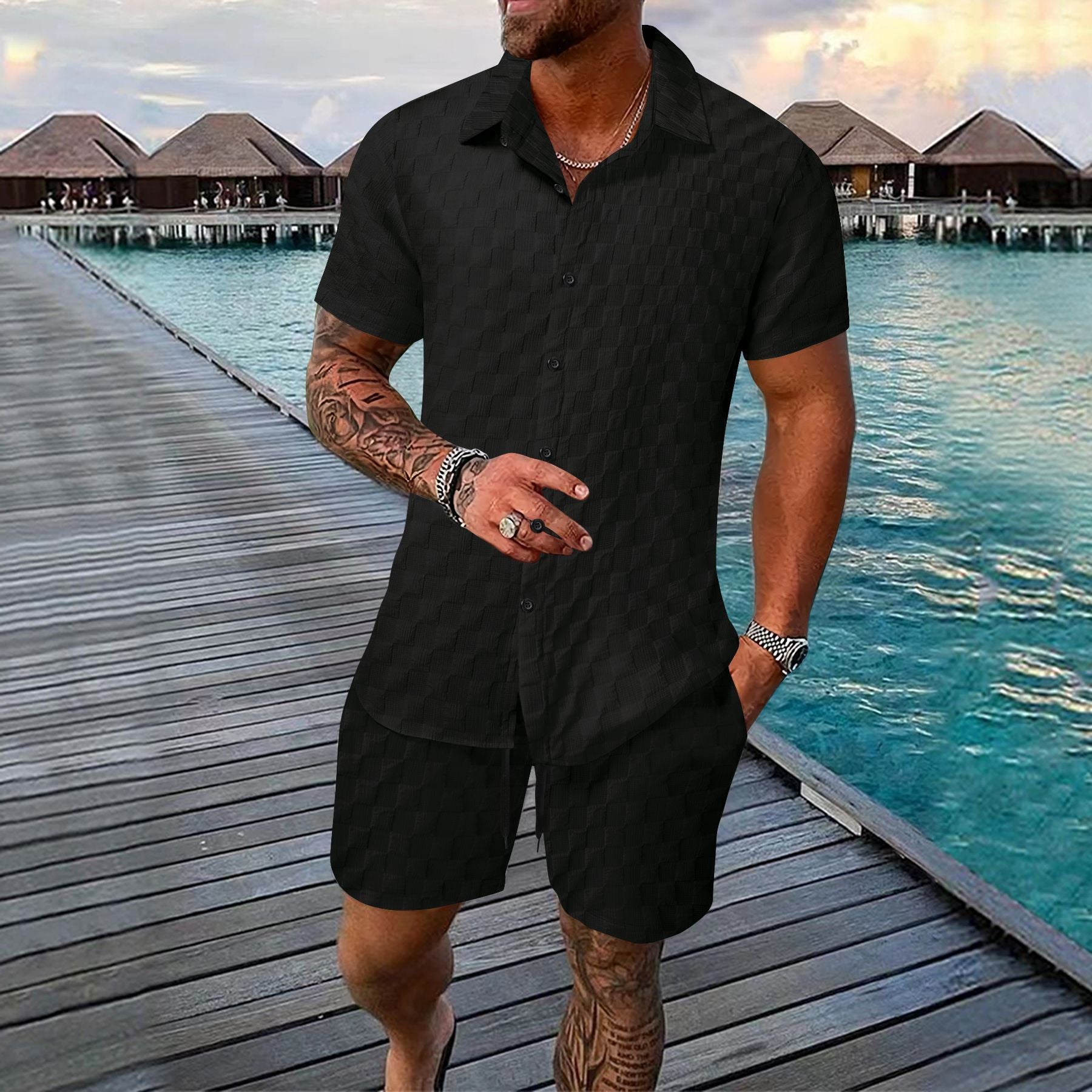 Men’s Casual Chemical Fiber Shirt Suit – Short Sleeve Shirt & Shorts Set | Lightweight Daily Summer Outfit