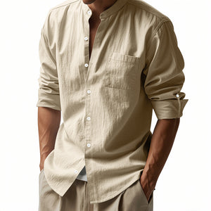 Men’s Long Sleeve Stand Collar Linen Shirt with Pockets – Casual Lightweight Button Down Top for Everyday Wear